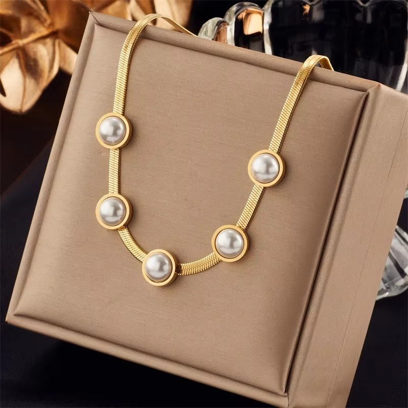 Women's Five White Pearl Pendant Necklace, Minimalist Vintage Design